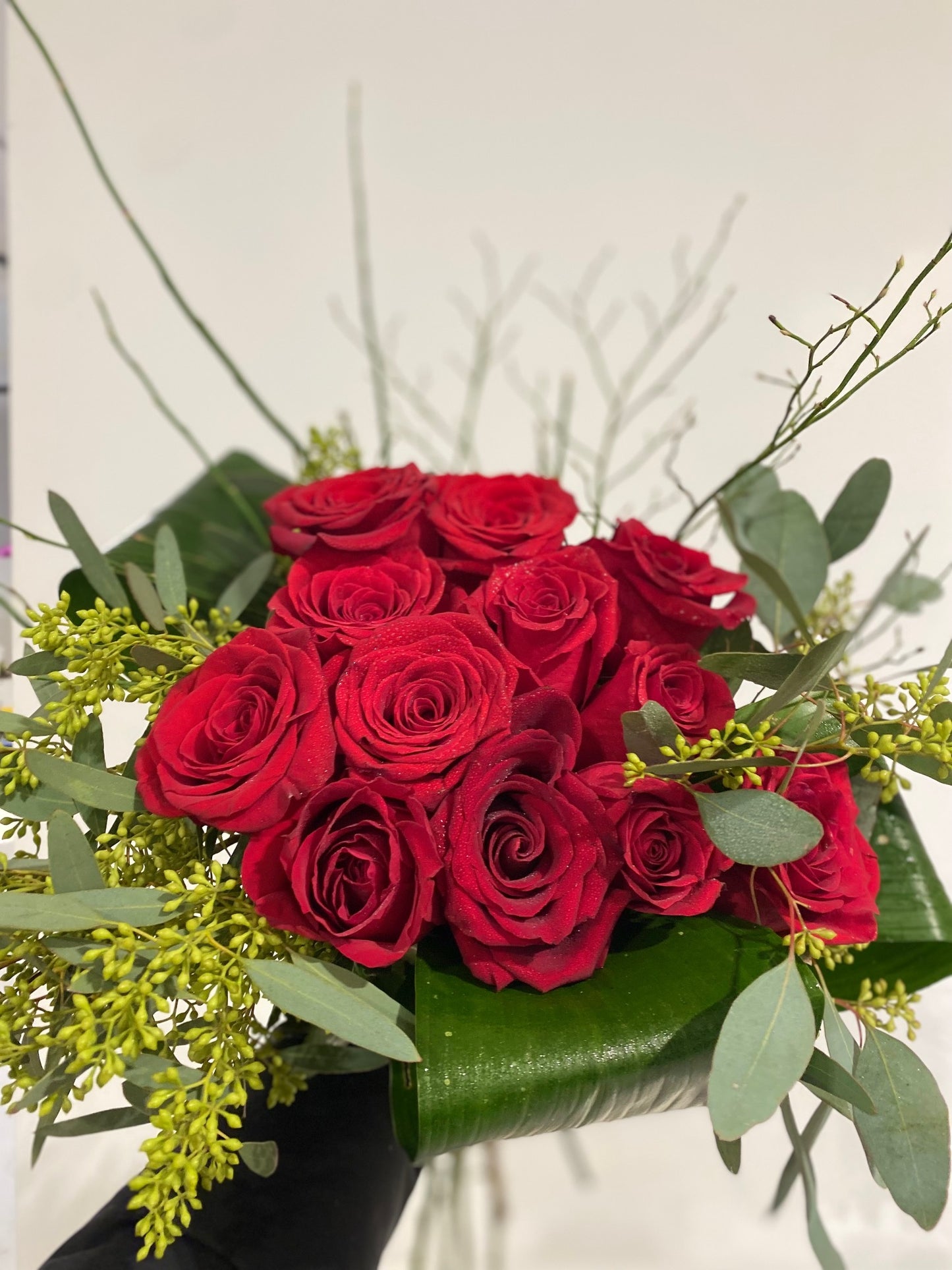 Contemporary Dozen Red Rose Bouquet
