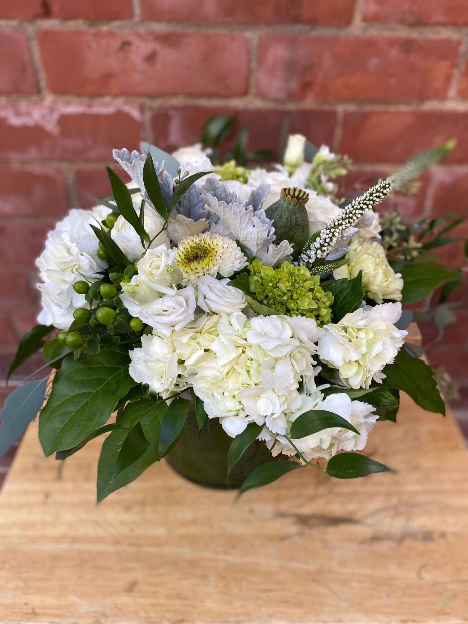 Elegant White & Green Low Vase Arrangement, by Lou-Lou's Flower Truck