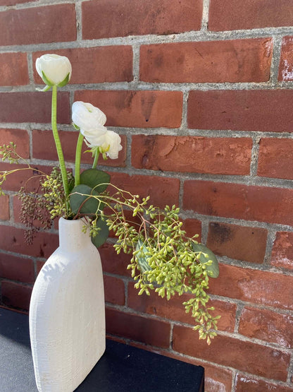 Ranunculus & Seeded Eucalyptus in White Rustic Bookend Budvase, by Lou-Lou's Flower Truck
