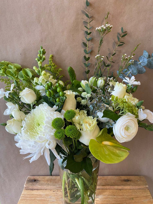 Natural-Style White & Green Vase Arrangement, by Lou-Lou's Flower Truck